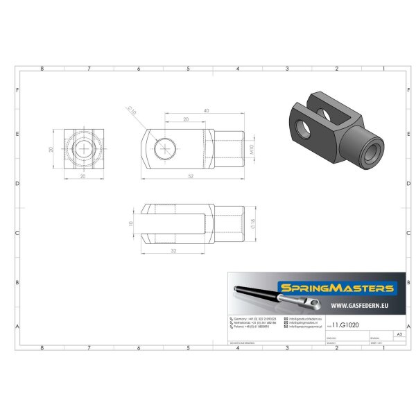 Głowica widełkowa z bolcem M10, otwór 10 mm, do sprężyny gazowej