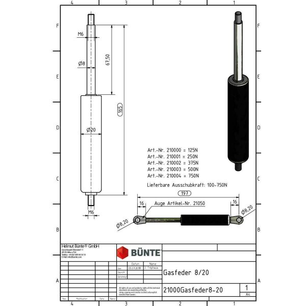 Sprężyna gazowa typ 8/20 dł. 165 mm, skok 60 mm, gwint M6/M6, siła 250 N