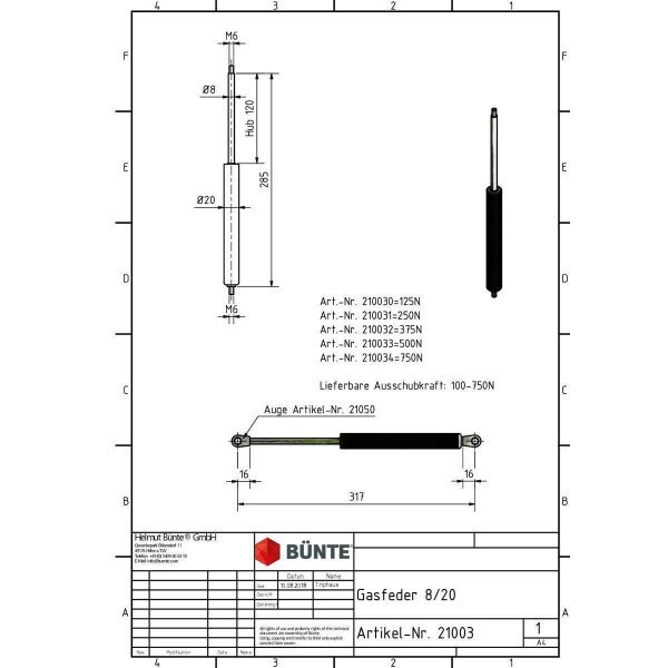 Sprężyna gazowa typ 8/20 dł. 285 mm skok 120 mm, gwint M6/M6, siła 125 N