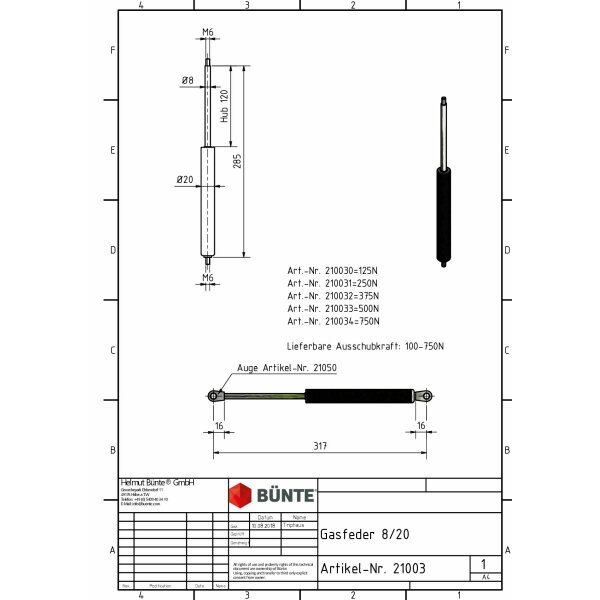 Sprężyna gazowa typ 8/20 dł. 285 mm skok 120 mm, gwint M6/M6, siła 500 N