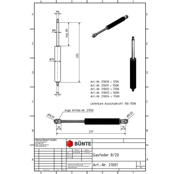 Sprężyna gazowa typ 8/20 dł. 205 mm, skok 80 mm, gwint M6/M6 siła od 125 do 750N, niezbędne określenie wartości siły