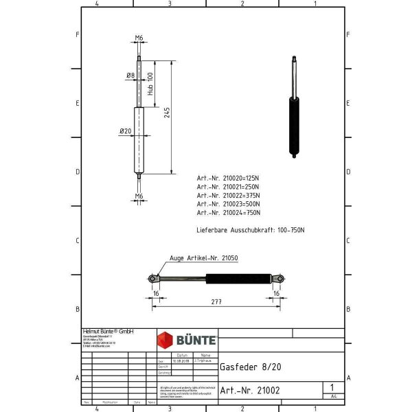 Sprężyna gazowa typ 8/20 dł. 245 mm, skok 100 mm, siła od 125 do 750 N, niezbędne określenie wartości siły