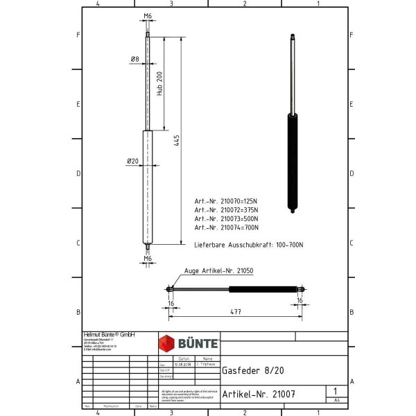 Sprężyna gazowa typ 8/20 dł. 445 mm skok 200 mm, siła od 100 do 700 N