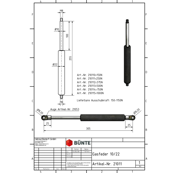 Sprężyna gazowa Typ 10/22, dł. 255 mm, skok 100 mm, siła od 150 do 1150 N