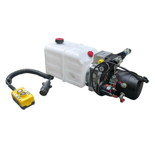 Agregat hydrauliczny 20 MPa, 2.7 CC, 4 L, 12 V, 1.5 kW, DC, 2500 rpm z elektrozaworem G 3/8" i pilotem dwufunkcyjnym (3 m)