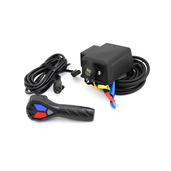 Zestaw: przekaźnik 12 V z obudową, gniazdem pilota, pilotem, odbiornikiem pilota bezprzewodowego  i wiązką przewodów "Control Box" do wyciagąrek Pundmann 22.2 kN