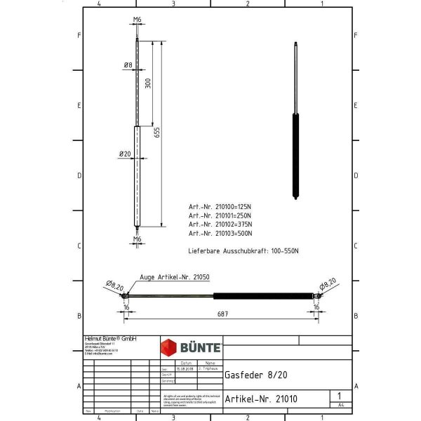 Sprężyna gazowa typ 8/19 dł. 655 mm, skok 300 mm, gwint M6/M6, siła 125 N