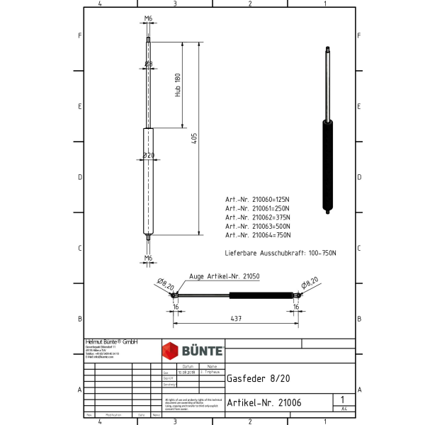 Sprężyna gazowa typ 8/20 dł. 405 mm skok 220 mm, gwint M6/M6, siła 500 N