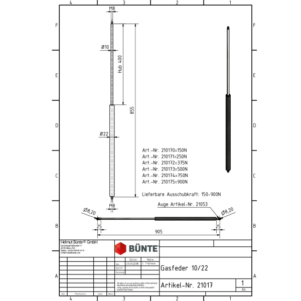 Sprężyna gazowa B&Uuml;NTE 10/22, 250 N, 855 mm, skok 400 mm