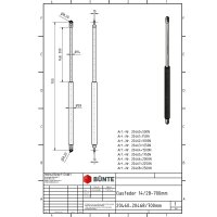 Sprężyna gazowa typ 14/28 dł. 700 mm skok 300 mm, oczko FI8/FI8, siła 2500 N